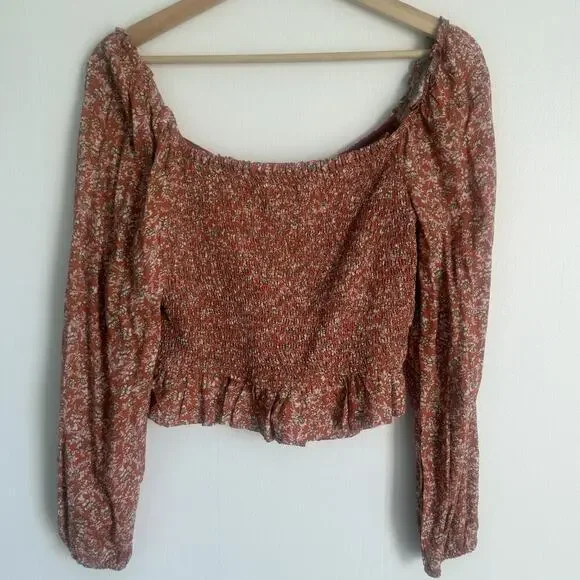 JAPNA Rust Fall Floral NWOT Smocked Peasant Top Long Sleeve Boho Square Neck M - Picture 5 of 9